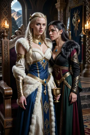 A beautiful adult Æsir princess stands in a magnificent royal hall in Asgard, in a dark mythic fantasy world inspired by Norse legend and heroic sword-and-sorcery. She is in her mid-twenties, tall, regal and powerful, with fair skin, striking blue-gray eyes, and long pale blonde hair braided with gold rings and small runic ornaments. Her features are noble, elegant and strong, and her expression is calm, proud and self-assured. She wears luxurious Asgardian royal clothing, a finely woven ivory and deep blue gown layered with rich wool, linen and fur, fitted but regal, with embroidered knotwork, gold trim, heavy arm rings, rings, a broad gold neck collar, and a delicate circlet shaped with subtle raven and sun motifs. One hand rests on the carved arm of a great wooden throne, the other loosely holds a ceremonial golden cup.

Behind and slightly beside her stands her female Æsir sorceress, advisor and lover. She is an equally beautiful adult woman, slightly taller, with fair skin, long ash-blonde hair, pale gray eyes, and an intense, unreadable expression. She wears layered robes in black, deep green and muted crimson, trimmed with fur and embroidered with runes and knotwork, adorned with gold jewelry, carved amber, and a small talisman shaped like a raven or serpent. She stands far closer than a mere advisor should, one hand resting lightly and possessively at the princess’s waist as she leans toward her ear as if whispering private counsel. The princess’s relaxed posture and faint private smile reveal intimacy, trust and conspiracy between them.

Subtle magic surrounds the sorceress, faint drifting mist around her fingers, a dim cold blue glow in her eyes, and the ghostly suggestion of ancient runes or a great spectral serpent or raven hidden in the shadows behind her. The hall is unmistakably Asgardian, towering carved wooden pillars, knotwork beams, braziers burning with warm firelight, banners, furs, shields and ceremonial spears on the walls, intricate carvings of gods and heroes, polished stone and wood floors, and distant arches opening toward a dramatic sky, mountains and golden light. The atmosphere is majestic, ancient, luxurious and dangerous, with the feeling of royal intrigue and old magic. Cinematic full-body composition, princess dominant in the foreground, sorceress intimately behind her, realistic anatomy, dramatic lighting, richly detailed fabrics, jewelry and architecture, photorealistic dark mythic fantasy, epic fantasy film still.