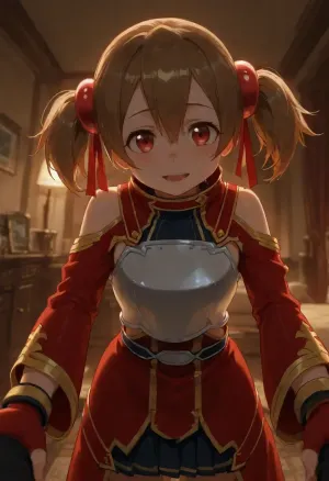 pov, silica, sword art online, entered my living room fully clothed, warm interior night time lighting, wide angle, dripping, dynamic angle