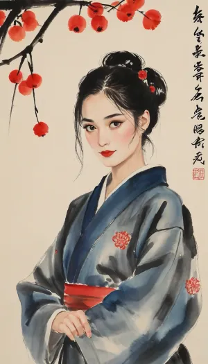 Harley Quinn from Batman, portrayed with the artistic essence of Qi Baishi's renowned brushwork, wearing a kimono, Using minimal strokes, Qi Baishi's signature style brings out Gwen's character, emphasizing its curiosity and independence. Gwen might be depicted in a simple yet evocative setting, surrounded by delicate depictions of flora or objects that offer a glimpse into its world.The overall scene carries a sense of whimsy and an appreciation for the beauty in everyday life, (ultra, HD, quality, details), style, of, Qi, Baishi, baishi, <lora:tbh170-sdxl:2>, <lora:baishi_xl_0_-000004:2>