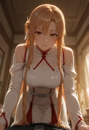 pov, Asuna Yuuki, sword art online, entered my living room fully clothed, warm interior night time lighting, wide angle, dripping, dynamic angle