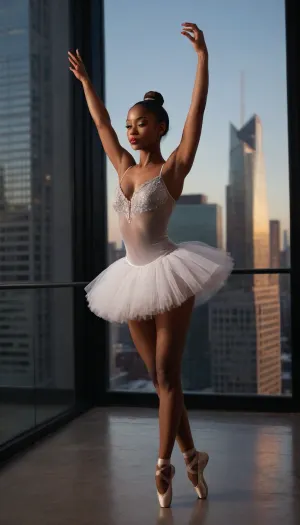 (ebony whore:1.5), in a short white and gray tulle tutu, (ballet pancake), on pointe shoes, against the glass facade of a modern skyscraper at dawn. Smooth, reflective granite surface. Perfect ballet posture, serene and detached stage face with dramatic eye makeup and red lips. Hair in a flawless, tight ballet bun. Large breasts, bubble butt, Holding a perfect arabesque or attitude position on pointe. Stark contrast between fragile ballet beauty and cold urban minimalism. Full body shot, reflections in glass and wet stone, clean minimalist composition, highly detailed, fashion photography., melanin, realistic, real, face, hyper, realsitic, influencer, insta, beautiful, sexy, pretty, <lora:melanin-XL:.8>, <lora:Realistic_Insta_InfluencerV1.0:.8>