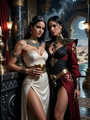 A beautiful adult Stygian princess stands in a grand Stygian palace in the Hyborian Age, dark sword-and-sorcery atmosphere inspired by Conan. She is in her mid-twenties, with deep bronze-brown skin, dark almond eyes, long straight raven-black hair, refined aristocratic features, and a calm, proud, dangerously self-assured expression. She wears luxurious Stygian royal clothing inspired by ancient Egyptian and Near Eastern aesthetics transformed into dark fantasy, a extremely skimpy fitted ivory transparent silk gown with elegant embroidery, ornate gold collar, jeweled belt, heavy bracelets, armlets, rings, and a delicate gold diadem with a subtle serpent motif. One hand rests on the carved black-stone arm of an ornate throne, the other holds a golden ceremonial cup.

Behind and slightly beside her stands her female Stygian sorcerer, advisor and lover. She is an equally beautiful adult Stygian woman, slightly taller, with dark bronze skin, long black hair, intense almost-black eyes, and an unnervingly calm expression. She wears layered black and deep crimson robes decorated with ancient gold sigils, serpentine embroidery, occult symbols of Set, dark gemstones, and a serpent-shaped talisman of blackened gold. She stands far closer than a mere advisor should, one hand resting lightly and possessively at the princess’s waist as she leans toward her ear as if whispering private counsel. The princess’s relaxed posture and faint private smile reveal intimacy, trust and conspiracy between them.

Subtle magic surrounds the sorceress, faint dark smoke around her fingers, a dim green-gold glow in her eyes, and the ghostly suggestion of a vast serpent shape hidden in the shadows behind her. The palace is unmistakably Stygian, towering black stone columns carved with serpents, golden braziers, red silk curtains, bronze lamps, carved ritual reliefs, polished stone floors, incense smoke, statues of ancient kings and priests, and distant arches opening toward a moonlit desert city and a great dark river. A colossal shadowed statue of Set looms in the background. Luxurious, decadent, dangerous atmosphere. Cinematic full-body composition, princess dominant in the foreground, sorceress intimately behind her, realistic anatomy, dramatic chiaroscuro, warm firelight mixed with cool moonlight, richly detailed fabrics, jewelry and architecture, photorealistic dark fantasy, epic sword-and-sorcery film still.