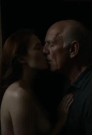 ((Redhead woman 25 year old big boobs innocent standing in cottage bedroom)), ((medium boobs)), medium hips, long straight hair, ((cute body)), light long chemise, no bra, ((2 grandpa, one man violently covers her mouth +gropes her breast, +presses her down)), ((grandpa groping the woman’s tits, extremely sexy expression)), ((grandpa fingering her pussy)), (woman kissing grandpa, eyes closed), side view, perfect hands, perfect fingers, perfect anatomy, realistic skin, pores on skin freckles moles spots wrinkles, <lora:dark:.8>, detailxl