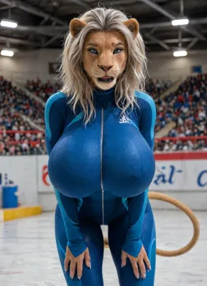 Masterpiece, high Quality, Best Quality, very awa, ((anthro female, lion woman, anthrofied, feline, blue eyes, Beautiful face, lion tail, Athletic body)), looking at viewer, gray hair, hair covering left eye, finger claws, fangs, black lips, (gigantic breasts), indoor ice rink, empty ice rink, she is an olympic speed skater, (wearing a blue olympic speed skating suit:1.3), hyper tight spandex speed skating suit, hyper shiny wet spandex bodysuit, blue with white and red speed skating suit, suit is zipped up to her neck, (front view:1.3), beautiful composition, intricate detail, intricate details, masterpiece, ultra-HD, (((furry art, anthro woman))), high detail, bedroom, best quality, <lora:add-detail-xl:1.2>, <lora:LCMTurboMix_Euler_A_fix:.8>
