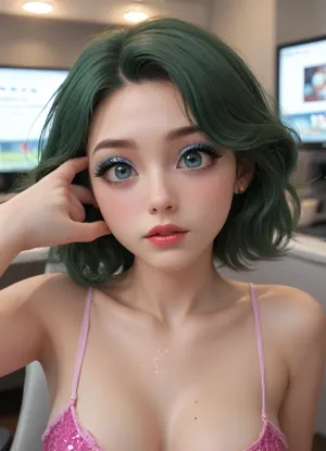 Eyes are open, ((Big Eyes)), eye contact, Yorgelis 22 year old girl, The alien, ((makeup:1.5), long fake eyelashes, blue eyeshadow with glitter), (she's watching a porn movie on the monitor), small, breasts, huge anal toy, I sat down, spread my legs and decided to try to insert a funnel into my vagina, filling it with warm cream. When I felt my vagina filling up, I added a plug to enhance the sensations. My breasts were bare, with bright nipples painted purple. I experimented with makeup, applying green shadows on my eyelids, smearing my lips with pink lipstick, creating different images. But my research wasn't just limited to cosmetics.