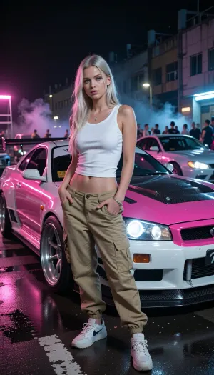 Photorealistic cinematic full-body portrait of a beautiful Danish Scandinavian female street racer in her mid-20s standing confidently in front of her heavily modified Nissan Skyline GT-R at an illegal nighttime street racing event. She has long platinum-blonde hair, striking blue eyes, fair Nordic skin, athletic feminine build, self-assured slightly rebellious expression. She wears a tight fitted white tank top, low-rise khaki cargo pants sitting loosely on her hips, practical sneakers, subtle silver jewelry.

Behind her is her personal highly tuned Nissan Skyline GT-R, aggressive Japanese tuner build, widebody kit, lowered suspension, large performance wheels, low-profile tires, huge intercooler, racing brakes, carbon-fiber details, aerodynamic front splitter and rear wing. Distinctive custom two-tone paint scheme, vivid hot pink and clean pearl white, glossy finish reflecting the surrounding neon lights. The car looks genuinely race-prepared rather than a showroom display.

Nighttime underground street racing meet in an industrial district, wet asphalt reflecting pink, blue and white neon, modified Japanese performance cars and small groups of racers in the background, headlights, faint tire smoke, portable work lights, energetic crowd atmosphere. She stands directly in front of her GT-R as if waiting for her race to be called, relaxed but focused, one hand casually resting near her cargo pocket, unmistakable owner-and-driver body language.

Low cinematic camera angle, 35mm automotive photography, shallow depth of field, realistic skin texture, realistic fabric folds, detailed platinum hair, accurate human anatomy, dramatic neon rim lighting, soft reflections across the car body, subtle atmospheric haze, gritty late-night street racing aesthetic, high-end editorial automotive photography, natural proportions, highly detailed, realistic, cinematic.