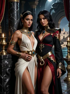 A beautiful adult Stygian princess stands in a grand Stygian palace in the Hyborian Age, dark sword-and-sorcery atmosphere inspired by Conan. She is in her mid-twenties, with deep bronze-brown skin, dark almond eyes, long straight raven-black hair, refined aristocratic features, and a calm, proud, dangerously self-assured expression. She wears luxurious Stygian royal clothing inspired by ancient Egyptian and Near Eastern aesthetics transformed into dark fantasy, a extremely skimpy fitted ivory sheer silk gown with elegant draped fabric, ornate gold collar, jeweled belt, heavy bracelets, armlets, rings, and a delicate gold diadem with a subtle serpent motif. One hand rests on the carved black-stone arm of an ornate throne, the other holds a golden ceremonial cup.

Behind and slightly beside her stands her female Stygian sorcerer, advisor and lover. She is an equally beautiful adult Stygian woman, slightly taller, with dark bronze skin, long black hair, intense almost-black eyes, and an unnervingly calm expression. She wears layered black and deep crimson robes decorated with ancient gold sigils, serpentine embroidery, occult symbols of Set, dark gemstones, and a serpent-shaped talisman of blackened gold. She stands far closer than a mere advisor should, one hand resting lightly and possessively at the princess’s waist as she leans toward her ear as if whispering private counsel. The princess’s relaxed posture and faint private smile reveal intimacy, trust and conspiracy between them.

Subtle magic surrounds the sorceress, faint dark smoke around her fingers, a dim green-gold glow in her eyes, and the ghostly suggestion of a vast serpent shape hidden in the shadows behind her. The palace is unmistakably Stygian, towering black stone columns carved with serpents, golden braziers, red silk curtains, bronze lamps, carved ritual reliefs, polished stone floors, incense smoke, statues of ancient kings and priests, and distant arches opening toward a moonlit desert city and a great dark river. A colossal shadowed statue of Set looms in the background. Luxurious, decadent, dangerous atmosphere. Cinematic full-body composition, princess dominant in the foreground, sorceress intimately behind her, realistic anatomy, dramatic chiaroscuro, warm firelight mixed with cool moonlight, richly detailed fabrics, jewelry and architecture, photorealistic dark fantasy, epic sword-and-sorcery film still.