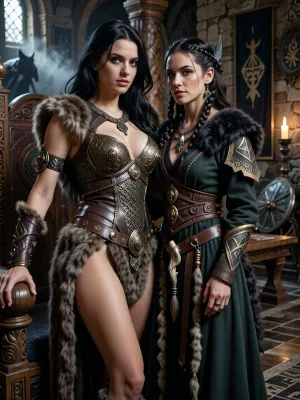 A beautiful adult Cimmerian princess stands in the great hall of a chieftain in Cimmeria, in a dark sword-and-sorcery world inspired by Conan. She is in her mid-twenties, tall, strong and regal, with pale weathered skin, storm-gray eyes, long thick raven-black hair, proud delicate features, and a calm, self-assured expression. She is beautiful in a fierce northern way, more powerful and delicate. She wears luxurious but harsh Cimmerian armor suited to a brutal land, a tight fitted ornate bronze chainmail bikini snugly containing her ample bosom layered with leather and heavy fur, fitted enough to show rank without looking modern, decorated with bronze clasps, arm rings, belts and carved bone or stone jewelry. One hand rests on the carved arm of a heavy wooden throne.

Behind and slightly beside her stands her female Cimmerian shaman, advisor and lover. She is an equally beautiful adult woman, slightly taller, with pale skin, dark hair braided with bone beads and feathers, piercing gray eyes, and an intense, unreadable expression. She wears layered black, charcoal and deep forest-green robes of wool, fur and leather, decorated with runes, talismans, carved bone charms, antler pieces and ancient tribal symbols. She stands far closer than a mere advisor should, one hand resting lightly and possessively at the princess’s waist as she leans toward her ear as if whispering private counsel. The princess’s relaxed posture and faint private smile reveal intimacy, trust and conspiracy between them.

Subtle ancient magic surrounds the shaman, faint mist around her fingers, a dim cold blue-gray glow in her eyes, and the ghostly suggestion of a wolf, raven or shadowy ancestral spirit hidden in the darkness behind her. The hall is unmistakably Cimmerian, massive timber beams, rough stone walls, carved wooden pillars, animal pelts, shields, spears, bronze braziers, smoky firelight, long benches, ancient banners, and a distant opening showing bleak mountains, dark forests and a storm-heavy sky. The atmosphere is harsh, ancient, intimate and dangerous, with the feeling of tribal power, old bloodlines and forbidden northern magic. Cinematic full-body composition, princess dominant in the foreground, shaman intimately behind her, realistic anatomy, dramatic firelight and cold northern light, richly detailed fur, leather, wood and stone textures, photorealistic dark fantasy, epic sword-and-sorcery film still.