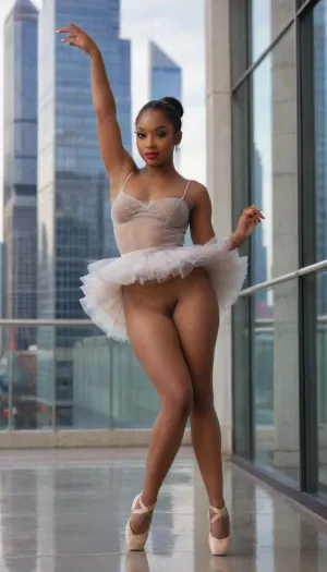 (ebony whore:1.5), in a short white and gray tulle tutu, (ballet pancake), no panties, nude pussy, on pointe shoes, against the glass facade of a modern skyscraper at dawn. Smooth, reflective granite surface. Perfect ballet posture, serene and detached stage face with dramatic eye makeup and red lips. Large breasts, bubble butt, Holding a perfect arabesque or attitude position on pointe. Stark contrast between fragile ballet beauty and cold urban minimalism. Full body shot, reflections in glass and wet stone, clean minimalist composition, highly detailed, fashion photography., melanin, realistic, real, face, hyper, realsitic, influencer, insta, beautiful, sexy, pretty, skirt, lift, pussy, hairy, 1girl, <lora:melanin-XL:2>, <lora:Realistic_Insta_InfluencerV1.0:.8>, <lora:skirtLift:.8>, <lora:pussy:.8>