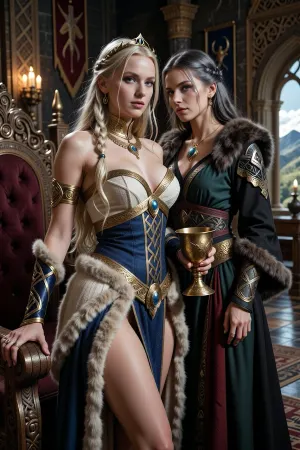 A beautiful adult Æsir princess stands in a magnificent royal hall in Asgard, in a dark mythic fantasy world inspired by Norse legend and heroic sword-and-sorcery. She is in her mid-twenties, tall, regal and powerful, with fair skin, striking blue-gray eyes, and long pale blonde hair braided with gold rings and small runic ornaments. Her features are noble, elegant and strong, and her expression is calm, proud and self-assured. She wears luxurious Asgardian royal clothing, a finely woven ivory and deep blue bikini layered with rich wool, linen and fur, fitted but regal, with embroidered knotwork, gold trim, heavy arm rings, rings, a broad gold neck collar, and a delicate circlet shaped with subtle raven and sun motifs. One hand rests on the carved arm of a great wooden throne, the other holds a ceremonial golden cup.

Behind and slightly beside her stands her female Æsir sorceress, advisor and lover. She is an equally beautiful adult woman, slightly taller, with fair skin, long ash-blonde hair, pale gray eyes, and an intense, unreadable expression. She wears layered robes in black, deep green and muted crimson, trimmed with fur and embroidered with runes and knotwork, adorned with gold jewelry, carved amber, and a small talisman shaped like a raven or serpent. She stands far closer than a mere advisor should, one hand resting lightly and possessively at the princess’s waist as she leans toward her ear as if whispering private counsel. The princess’s relaxed posture and faint private smile reveal intimacy, trust and conspiracy between them.

Subtle magic surrounds the sorceress, faint drifting mist around her fingers, a dim cold blue glow in her eyes, and the ghostly suggestion of ancient runes or a great spectral serpent or raven hidden in the shadows behind her. The hall is unmistakably Asgardian, towering carved wooden pillars, knotwork beams, braziers burning with warm firelight, banners, furs, shields and ceremonial spears on the walls, intricate carvings of gods and heroes, polished stone and wood floors, and distant arches opening toward a dramatic sky, mountains and golden light. The atmosphere is majestic, ancient, luxurious and dangerous, with the feeling of royal intrigue and old magic. Cinematic full-body composition, princess dominant in the foreground, sorceress intimately behind her, realistic anatomy, dramatic lighting, richly detailed fabrics, jewelry and architecture, photorealistic dark mythic fantasy, epic fantasy film still.