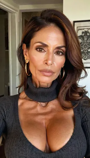 lazy eye, huge fake tits cleavage, turtleneck knit sweater, ((old, 50yo)), handcuffed, gold hoop earrings, nose ring, tattoos, sexy neck, ((old brown hair mom woman)), (tan skin), (skinny muscle), (beautiful Mexican instagram model face), (fit body), very beautiful, perfect skinny body, perfect face, looking at the camera, perfect eyes, (skinny fit), pretty, snub-nosed, long hair, 4ng3l, face, <lora:clothed_small:1.8>, <lora:SDXL_BetterFaces-LoRA_v1:.8>
