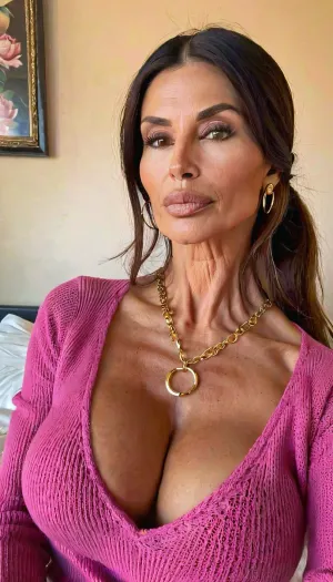 lazy eye, on top of me on my bed pov, lots of gold necklaces, saggy fake tits, perfect hands holding her tits, small fake tits cleavage, pink knit crewneck sweater, ((old, 50yo)), handcuffed, gold hoop earrings, nose ring, tattoos, sexy neck, ((old brown hair mom woman)), (tan skin), (skinny muscle), (beautiful Mexican instagram model face), (fit body), very beautiful, perfect skinny body, perfect face, looking at the camera, perfect eyes, (skinny fit), pretty, snub-nosed, long hair, 4ng3l, face, <lora:clothed_small:1.8>, <lora:SDXL_BetterFaces-LoRA_v1:.8>, bmbplora, <lora:bimboxl_02:.8>