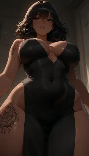 Black woman, voluminous curly hair, dark eyes, luminescent beetle tattoos on her skin, full breasts, wide hips, and thick thighs wearing a black linen dress. Tags, Close-up, Cinematic angle, 3-point fixed lighting, high quality, Full HD/4K, porn actress.