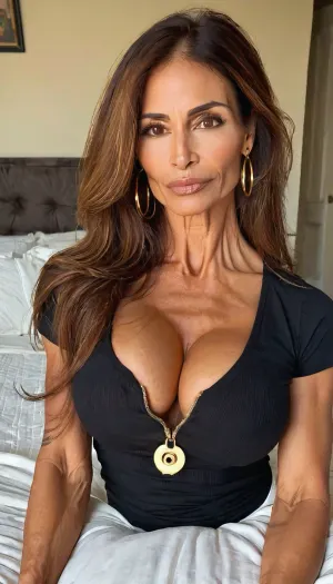 lazy eye, on top of me on my bed pov, saggy fake tits, perfect hands holding her tits, small fake tits cleavage, vneck black tee, ((old, 50yo)), handcuffed, gold hoop earrings, nose ring, tattoos, sexy neck, ((old brown hair mom woman)), (tan skin), (skinny muscle), (beautiful Mexican instagram model face), (fit body), very beautiful, perfect skinny body, perfect face, looking at the camera, perfect eyes, (skinny fit), pretty, snub-nosed, long hair, 4ng3l, face, <lora:clothed_small:1.8>, <lora:SDXL_BetterFaces-LoRA_v1:.8>