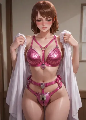 photorealistic, brown hair, (small breasts), indoors, solo, (standing), blushing, (leaking juices:1.5), embarassed, (), (excessive pubic hair), ((pink titanium chastity belt), (one piece pink harness:1.3), (harness connected to belt), (strap between breasts connected to padlock:1.2), (hard plastic armored bra), (big padlock)), <lora:Harness_Straps_sdxl:.8>, (holding dress in hands)