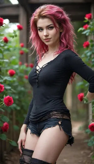 beautiful sexy slender young lady, hot sweaty pale white skin, kind soft, flirty eyes, flirty smirk smile, rough tangled rose hair, ripped exposing ninja garb, soft boots