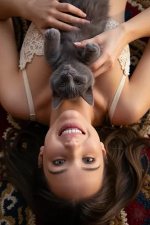 Masterpiece, best quality, ultra-detailed, 8k wallpaper, photographic style. A professional high-end photograph of a stunning young woman lying on her back on a rich textured woolen carpet, looking up. Perfectly symmetrical facial features, flawless facial structure, highly detailed vivid irises with natural realistic catchlights and reflections, laughing naturally with gorgeous smiling lips, genuine bright emotions of pure joy and happiness. Flawless human anatomy, perfectly anatomically correct hands and five fingers, perfect natural nails. She is wearing exquisite luxury lace lingerie. With her outstretched arms, she holds up a living, highly detailed fluffy Russian Blue kitten, looking at it with playful affection. Dynamic candid composition, cinematic soft golden hour lighting, ultra-realistic skin texture, realistic pores, sharp focus, shot on 85mm lens, f/1.8.