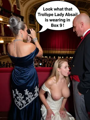 At the Victorian opera house, as seen from the back of the inside a private loggia box looking out towards the auditorium.
In the middle ground we see the rear view of the 60+ yo fat busty dowager duchess using her binocular spyglasses to check out who is in the other boxes, she is wearing an off-the-shoulder dark blue bustle dress in satin with white embroidery, her grey hair piled high on her head wearing lots of jewellery, necklaces, earrings etc, with a small tiara.

In the far background we see the old theatre with its ornate gold and red decor, several other occupied boxes, the packed audience in the stalls, and the large stage with plush red curtains pulled back.

In the foreground a young 20+ yo blonde in a very low cut off-the-shoulder white satin bustle dress is on her knees. Her massive soft tits are hanging out., ((She is giving the Duke a blowjob:1.5)), ., ((The Duke is standing up)), dressed in a smart evening tail suit with a red sash, is bald 60+ and slightly chubby., ((His impressive fat dick is being sucked by the beautiful young woman kneeling in front of him:1.5)), Big speech box “ Look what that Trollope Lady Abigail is wearing in Box 9 ! “