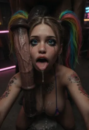 (Gigantic perfect bimbo boobs), neon rave girl Hairstyle, Large Hair Volume covered with excessive thick cum, (pig tails covered with excessive thick cum), (extremely slutty happily drooling super busty tattooed rave slut), (extremely slutty bright colored neon makeup, wearing an extremely slutty neon colored raver outfit:1.3), ((mindbreak ahegao expression, excessive thick cum on her cute young possessed face, happily drooling cock worship)), intense blushing, freckles, (eyes wide open, confused crying, smeared neon slut makeup), man with hanging extreme equine cock, (massive extreme flaccid cock:1), (impossible large flaccid equine cock:1), (extreme colossal equine cock dripping lots of cum:1.2), licking flaccid equine cock covered in excessive cum, hanging equine cock on her head, selfie, penis on busty young bimbo's face, excessive cum on her young face, cock on head, rvst, <lora:dark:.1>, <lora:detailed_notrigger:2>, <lora:photorealistic_portrait_notrigger:2>, <lora:rvst:2>