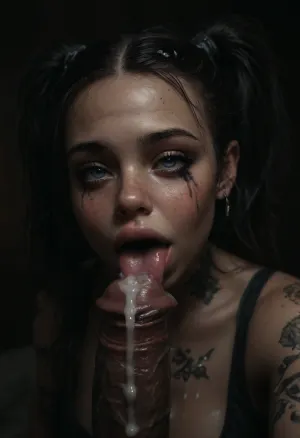 (Gigantic perfect bimbo boobs), random Hair color, Large Hair Volume covered with excessive thick cum, pig tails, ((excessive thick cum on her cute young top model face)), (extremely busty dumb young tattooed punk slave), intense blushing, freckles, intense crying, (eyes wide open ahegao, sad obedient eyes, mindless drooling smile), smeared makeup, (wearing an extremely slutty fishnet cheerleader outfit covered in excessive cum), man with hanging extreme equine cock, (massive extreme flaccid cock:1), (impossible large flaccid equine cock:1), (extreme colossal equine cock dripping lots of cum:1.2), licking flaccid equine cock, hanging equine cock on her head, selfie, eyes full of fear, penis on busty young bimbo's face, excessive cum on her young face, cock on head, <lora:dark:.1>, <lora:detailed_notrigger:2>, <lora:photorealistic_portrait_notrigger:2>, <lora:JuggerCineXL2:2>