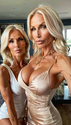 Two sisters, lazy eye, elegant, small fake tits cleavage, pov lapdance, luxury silk dress, ((old, 60yo)), handcuffed, gold hoop earrings, nose ring, tattoos, sexy neck, ((old blonde hair mom woman)), (tan skin), (skinny muscle), (beautiful Swedish instagram model face), (fit body), very beautiful, perfect skinny body, perfect face, looking at the camera, perfect eyes, (skinny fit), pretty, snub-nosed, long hair, 4ng3l, face, <lora:clothed_small:1.8>, <lora:SDXL_BetterFaces-LoRA_v1:.8>, bmbplora, <lora:bimboxl_02:.8>