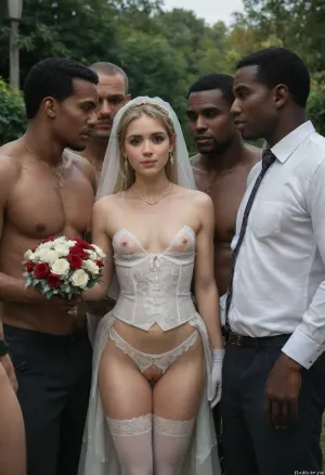 (A row of interracial group portrait, portrait of family photo, bride european blonde 1woman with black 7men, little white bride Stepdaughter, Nigerian black big 5men:1.3), hugs, outdoor, Beautiful 20 year old bride small head Tiffany, (7 black African big muscular black Nigerian men around her:1.4), outdoor in yard garden, (many people outdoor in garden background:1.4), slutty smirk, (white veil, white roses bouquet, white stockings, lace white gloves to shoulders, white corset, white micro bra:1.3), hourglass figure, fair skin, pure white hair, perfect makeup, short wavy bob haircut, round breasts, large areolas, hard erected bulge longnips, (breasts and pussy completely visible through her transparent dress), (flat chested bride:1.5), (short torso:1.6), very large areolas, (big labia cameltoe:1.4), ((big pearls necklace)), (gold hoop earrings), powder blue eyes, (very long eyelashes), very cute, innocent, shy expression, transparent sheer white wedding gown, ((see through dress)), (lace white crotchless panties:1.5), sheer white lace stockings, shaved pussy, poing in a warm sun lit white and red rose garden, diaphanous, dress, bukkake, cum, Tiffany, blonde, <lora:xl_diaphanous_dress-1.0:2>, <lora:MS_Real_XL_Bukkake:2>, <lora:detailed_notrigger:2>, <lora:Tiffany_head:2>