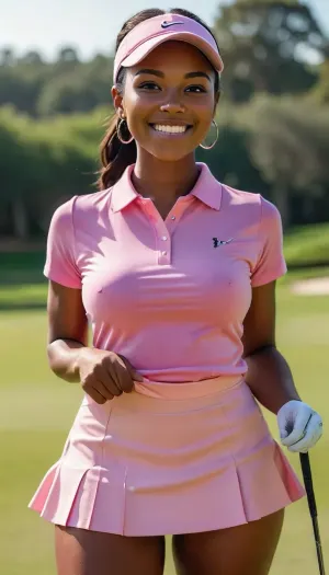 Beautiful black golfer flashing her pussy on a golf course, ⛳, smiling, lifting her skirt, (puffy pussy:1), labia majora, (upskirt:1), up skirt, no panties, tight polo midriff, high ponytail, golf visor, pink pleated skirt, golf shoes, good hands, perfect fingers, (vagina), (shaved pussy), <lora:add-detail-xl:.8>, <lora:MJ52:.8>, skirtlift, <lora:skirtlift_xl:.8>