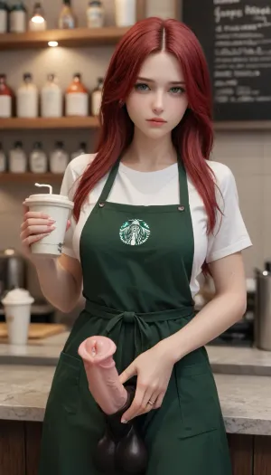 explicit content, (3d:.6), solo, red hair, long hair, closeup, (large breasts, natural breasts, breast sag:.7), white skin, sheath, pink penis head, pink equine penis, black equine penis sheat, futa_overflow, black big cock, semi-erect penis, hyper long penis, black balls, starbucks apron, holding cup of coffe, cum in cup of coffe