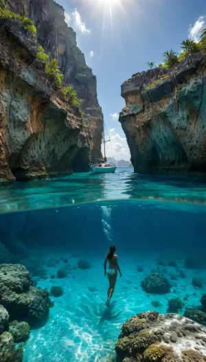 full body view of stunning slender woman, snorkeling against the backdrop of a noble sailing yacht in turquoise water. texture, photorealistic, The yacht is anchored in front of a large Caribbean cave, sunlight_str1, underwater, grotto, cave, sandy, sea, floor, reef, <lora:sunlight_str1-SDXL_v1-dim64-steps1691:1.2>, <lora:MJ52:.3>, <lora:Underwater_Environment_v01-000002:.9>, <lora:Splitshot:.4>