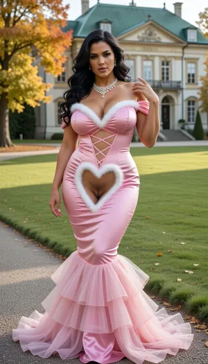 (masterpiece, best quality, ultra-detailed, photorealistic, 8k, RAW photo), full-body portrait of a breathtakingly voluptuous massively curvy 48yo woman with an extreme hourglass figure, posing as a bride. She has flawless olive skin, long, cascading dark waves black hair in thick, sensual waves, and a smoldering, seductive gaze directed at the camera. She is wearing an incredibly tight, form-fitting, strappy pink satin mermaid gown. The gown features an off-the-shoulder, sweetheart neckline. The gown also has an inverse heart-shaped crotch cutout lined with white fur, revealing her hairy pussy, and a very strappy and revealing corseted bodice that violently cinches her impossibly small waist and thrusts her massive, heavy tits upwards, creating a navel deep and massive cleavage that spills out from the top. The pink satin fabric clings like a second skin over her wide hips and thick thighs, outlining every single curve of her lower body in explicit detail. From the knees down, the dress explodes into a voluminous, multi-layered pink skirt of organza and tulle that pools elegantly on the ground. She is standing outdoors on a gravel path next to an expansive, vibrant green lawn. In the background is a large, stately chateau with a green roof, surrounded by trees with brilliant yellow and orange autumn foliage. The lighting is soft and natural, characteristic of a bright, clear autumn day. The focus is sharp on her, with a gentle bokeh effect on the chateau in the background. One of her toned arms is raised behind her head, pushing her tits out even further, while her other hand delicately toys with the dress strap on her shoulder. She is wearing an elaborate pearl necklace. Cinematic lighting, sharp focus, high contrast.