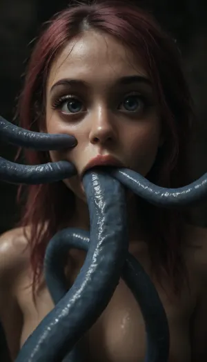 (Jack Cayless art style), (maximum details:1.5), extreme closeup on tentacles entering a girl's mouth and keep moving inside her, keep on moving, further and further inside the girl, very cute obedient 18 yo petite girl, pink hair in pigtails, in dark thick woods at night, ((bright blue seamless tentacles with pointy ends gang bang the girl:1.4)), ((oral penetration:1.9)), thick saliva threads, white wet hair, extra cute, extremely pretty, cute round face and gorgeous face structure, gorgeous model face, ((wet hair)), (cinematic masterpiece), naughty aesthetic, insatiable beauty, <lora:dark:1.1>