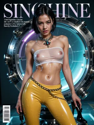 Masterpiece, ((glossy magazine cover)), (((magazine is called "SIN SHINE"))), a beautiful thin Chinese woman model, 5 feet 4 inches, 116 pounds, (cum on breasts:1.5), (latex:1.8), (heavily oiled body:1.7), shiny body, glistening body, wet skin, sweaty skin, 21 years old, short straight black hair, dark eyes, mouth slightly open, ((semen on breasts:1.5)), (wearing shiny tight yellow latex pants), (wearing tight see-through cotton tube top), (((wearing futuristic metal chain belt loosely around waist))), (wearing detailed metal necklace with large colorful scarab), (tiny tits:1.7), flat, (flat chested:1.7), black stiletto high heels, staring lovingly at camera, micro waist, narrow hips, slender thighs, (cameltoe:1.6)