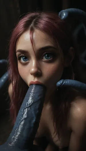 (Jack Cayless art style), (maximum details:1.5), extreme closeup on tentacles entering a girl's mouth and keep moving inside her, keep on moving, further and further inside the girl, very cute obedient 18 yo petite girl, pink hair in pigtails, in dark thick woods at night, ((bright blue seamless tentacles with pointy ends gang bang the girl:1.4)), ((oral penetration:1.9)), thick saliva threads, white wet hair, extra cute, extremely pretty, cute round face and gorgeous face structure, gorgeous model face, ((wet hair)), (cinematic masterpiece), naughty aesthetic, insatiable beauty, <lora:dark:1.1>