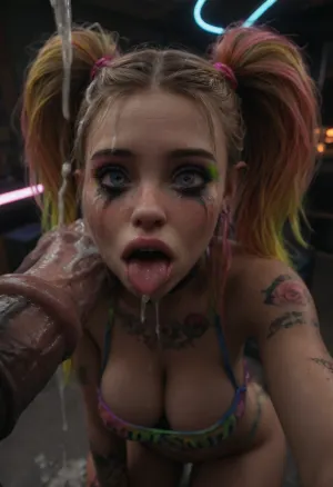 (Gigantic perfect bimbo boobs), neon rave girl Hairstyle, Large Hair Volume covered with excessive thick cum, (pig tails covered with excessive thick cum), (extremely slutty happily drooling super busty tattooed rave slut), (extremely slutty bright colored neon makeup, wearing an extremely slutty neon colored raver outfit:1.3), ((mindbreak ahegao expression, excessive thick cum on her cute young possessed face, happily drooling cock worship)), intense blushing, freckles, (eyes wide open, confused crying, smeared neon slut makeup), man with hanging extreme equine cock, (massive extreme flaccid cock:1), (impossible large flaccid equine cock:1), (extreme colossal equine cock dripping lots of cum:1.2), licking flaccid equine cock covered in excessive cum, hanging equine cock on her head, selfie, penis on busty young bimbo's face, excessive cum on her young face, cock on head, rvst, <lora:dark:.1>, <lora:detailed_notrigger:2>, <lora:photorealistic_portrait_notrigger:2>, <lora:rvst:2>