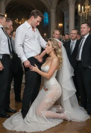 (masterpiece, best quality, ultra-detailed, photorealistic, 8k, RAW photo), full-body portrait of a breathtakingly voluptuous massively curvy 48yo woman with an extreme hourglass figure, (posing as a white bride, white veil), (white stockings:1.4), white stiletto heels, . She has flawless olive skin, long, cascading dark waves blonde hair in thick, sensual waves, and a smoldering, seductive gaze directed at the camera. She is wearing an incredibly tight, form-fitting, strappy white lace nylon mermaid gown. The gown features an off-the-shoulder, sweetheart neckline, (The gown also has an inverse heart-shaped crotch cutout lined:1.4), revealing her hairy pussy, and a very strappy and revealing corseted bodice that violently cinches her impossibly small waist and thrusts her massive, heavy tits upwards, creating a navel deep and massive cleavage that spills out from the top. The white nylon fabric clings like a second skin over her wide hips and thick thighs, outlining every single curve of her lower body in explicit detail. Kneeling, (blowjob, deepthroat:1.4), blowbang, (clothes 7men in business costumes:1.9), (many people background:1.7), the white dress explodes into a voluminous, multi-layered white skirt of organza and tulle that pools elegantly on the ground. She is standing outdoors on a gravel path next to an expansive, vibrant green lawn. In the background is a large, stately chateau with a green roof, surrounded by trees with brilliant yellow and orange autumn foliage. The lighting is soft and natural, characteristic of a bright, clear autumn day. The focus is sharp on her, with a gentle bokeh effect on the chateau in the background. One of her toned arms is raised behind her head, pushing her tits out even further, while her other hand delicately toys with the dress strap on her shoulder. She is wearing an elaborate pearl necklace. Cinematic lighting, sharp focus, high contrast., woman, sucking, a, cock, <lora:WTS - WhatTheSuck - v1:2>