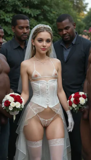 (A row of interracial group portrait, portrait of family photo, white 1woman with black 7men, little white bride Stepdaughter, Nigerian black big 5men:1.3), hugs, outdoor, Beautiful 20 year old bride small head Tiffany, 7 black African big muscular black Nigerian men around her, outdoor in yard garden, slutty smirk, (white veil, white roses bouquet, white stockings, lace white gloves to shoulders, white corset, white micro bra:1.3), hourglass figure, fair skin, pure white hair, perfect makeup, short wavy bob haircut, round breasts, large areolas, hard erected bulge longnips, (breasts and pussy completely visible through her transparent dress), (flat chested bride:1.4), (short torso:1.5), very large areolas, (big labia cameltoe:1.2), ((big pearls necklace)), (gold hoop earrings), powder blue eyes, (very long eyelashes), very cute, innocent, shy expression, transparent sheer white wedding gown, ((see through dress)), (lace white crotchless panties:1.3), sheer white lace stockings, shaved pussy, poing in a warm sun lit white and red rose garden, diaphanous, dress, bukkake, cum, Tiffany, blonde, <lora:xl_diaphanous_dress-1.0:2>, <lora:MS_Real_XL_Bukkake:2>, <lora:detailed_notrigger:2>, <lora:Tiffany_head:2>