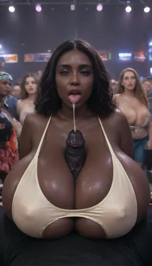 orgasmic seductive African SSBBW Woman in rave, (absolutely black skin:1.35), (slutty fat round face:1.45), snub nose, (very massive very droopy breasts:1.4), huge oversized belly, supporting boobs, (long boob, very overflowing cleavage:1.25), looking at viewer, facial, people watching, (filled lips:1.6), (fully clothed:1.5), (no nudity:1.3), blue sports bra, cumshot, close up, (strong pin-up makeup, coral lipstick, eyeliner, contouring, mascara, full strip eyelashes:1.05), (extra long colored nails:1.05), oiled skin, (very long curly hair:1.05), titfuck, penis between boobs, titty fucking black penis with boobs, open mouth, suprised, side view, titjob, ohwx, <lora:titfuck_SDXL:2>, <lora:milkers_v2:2>, <lora:VioletMyers_SDXL_v1-000005:2>