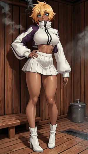 (innv meets jack cayless style), (reiq style, masterpiece, cel-shaded, limited color palette), ((Beautiful Muscles Sexy Tier Harribel from bleach anime body:1.4)), (1girl, solo, alone, 21 year old woman), (dark olive skin:1.7), (golden blonde short hair), (gorgeous, seductive face, aqua green eyes, thick eyelashes, perfect ads, perfect breast, muscles body, perfect hands, perfect legs, big ass, sweaty body), (Arrancar white jacket high collar which covers face suit costun:1.3), (Arrancar white top shirt costun:1.3), (Arrancar white skirt costun:1.3), (white high heels boots black inside), (standing posing), (sauna, steam, wood, smoke), no horns, ultraviolet light, LoL, Style, lineart, line, art, flat, colors, color, <lora:LCMTurboMix_Euler_A_fix:2>, <lora:lineartSDXL:2>, <lora:mk_Bp Anime_xl:2>, <lora:EnvyBeautyXL02:2>, <lora:EnvyAnimeSpeedpaintXL01:2>
