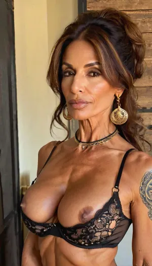 lazy eye, fake round tits cleavage, pov lapdance, luxury black lingerie lace quarter bra, ((old, 50yo)), handcuffed, gold hoop earrings, nose ring, tattoos, sexy neck, ((old brown hair mom woman)), (tan skin), (skinny muscle), (beautiful Mexican instagram model face), (fit body), very beautiful, perfect skinny body, perfect face, looking at the camera, perfect eyes, (skinny fit), pretty, snub-nosed, long hair, 4ng3l, face, <lora:clothed_small:1.8>, <lora:SDXL_BetterFaces-LoRA_v1:.8>, QuarterCup, <lora:QuarterCupXL:.8>
