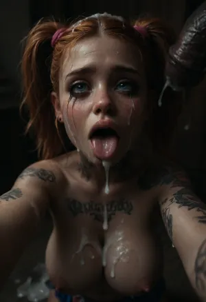 (Gigantic perfect bimbo boobs), orange Hair, Large Hair Volume covered with excessive thick cum, pig tails, ((excessive thick cum on her cute young round face)), (extremely busty shy young tattooed punk slave), intense blushing, freckles, intense crying, (sad obedient ahegao), smeared makeup, (wearing an extremely slutty fishnet cheerleader outfit covered in excessive cum), man with hanging extreme equine cock, (massive extreme flaccid cock:1), (impossible large flaccid equine cock:1), (extreme colossal equine cock dripping lots of cum:1.2), licking flaccid equine cock, hanging equine cock on her head, selfie, eyes full of fear, penis on busty young bimbo's face, excessive cum on her young face, cock on head, <lora:dark:.1>, <lora:detailed_notrigger:2>, <lora:photorealistic_portrait_notrigger:2>, <lora:JuggerCineXL2:2>