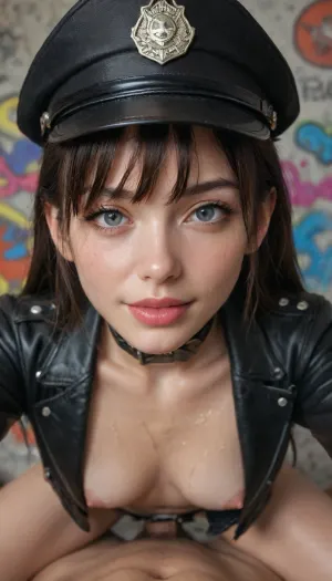 (princess Celenia), ((wet body, oiled chest, big leather jacket jacket), View from above, naked, cowgirl position pov sex, best quality, close up, pov kiss, source_anime, official art, 1girl, long bangs hair, perfect body, detail face, open mouth, show tongue, black lipstick, leather collar, hair, sunglasses, big breats, dynamic view, highres, close up view, half closed eyes, shadow eyes, makeup blush face, looking at viewer, wearing open black leather jacket, crazy eyes, unfingered black gloves, collar, belt, long black boots, ears, headset, black police hat, pov girl on top, smile, selfie Arms to the viewer, neon dark ilumination, graffiti background)