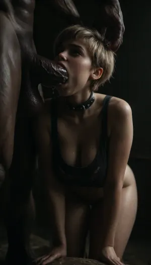 ((giant eyes)), beauty face, small woman, (shiny wet skins), (fat busty), (extreme thin waist), (extreme wide hips fat huge ass:1.12), (short pixie blonde hair), eyelashes, eye shadow, thick leather collar, ripped tank top, ((natural big shaggy hanging breasts:1.3)), (extreme thick giant monster cock), (angle like hentai:1.12), (deepthroat and lot of cum like hentai:1.45), (body proportions like a hentai:1.44), (giant extreme tall giant muscle man width giant penis:1.31), (((size difference))), (((black room))), <lora:dark:.8>, <lora:sagging-000015:.5>