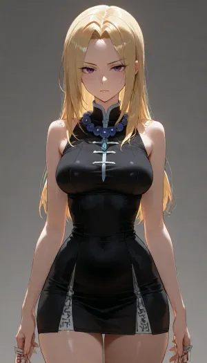 masterpiece, best quality, absurdres, newest, highres, very aesthetic, 1girl, solo, mature female, adult, kyouyama anna, anna kyoyama, shaman king, long blonde hair, shoulder-length hair, blonde hair, purple eyes, beautiful detailed eyes, fair skin, medium breasts, slender, narrow waist, black dress, short dress, sleeveless dress, blue prayer beads, ofuda, traditional japanese accessories, standing, looking at viewer, serious expression, cold expression, confident, simple background, soft lighting, detailed face, detailed eyes, intricate details