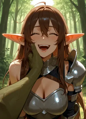 cute female submissive warrior, laughing, (pov, facegrab), long messy brunette hair, sagging breasts, half armor, a goblin pulls her ear with one hand, (one-handed face grab), (goblin hand pulls down her breastplate armor), forest, ((pale breasts)), sharp focus, soft lips, natural lighting, medium breasts, daytime, top askew, ac_neg1, ((struggle)), playful