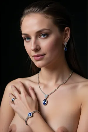 A cinematic, photorealistic advertising shoot for a luxury jewelry campaign. A beautiful elegant woman in her late twenties is shown in a refined close portrait against a dark background. Her clear blue eyes complimenting the color of the gems of the jewelry. Her hair is slicked back or styled cleanly to keep full attention on the jewelry. She is undressed, allowing a matching necklace, earrings, ring, and bracelet to stand out as the hero products.

The lighting is precise and luxurious, with soft highlights catching the sparkle and metallic surfaces of the jewelry while also sculpting her face and collarbones. The mood should feel high-end, exclusive, and polished, like an international luxury brand advertisement. The image should emphasize the craftsmanship and beauty of the jewelry while keeping the woman graceful and aspirational rather than overly posed. Realistic skin texture, realistic hands if visible, detailed gems and metal reflections, elegant posture, premium beauty lighting, dark studio atmosphere, cinematic luxury, high detail, no clutter, realistic and detailed face and eyes.