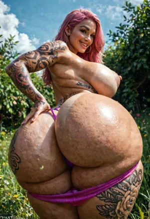 extremely realistic, hands spreading ass, against green grass, perfect body, (skin covered in tattoos:1.7), massive areolae, hyper puffy nipples, shirt lifted up above breasts, (purple thong pulled down:1.2), sideboob, tan lines, arms outstretched, perfect breasts, massive thighs, thunder thighs, thighs bigger than waist, pear shaped, huge hips, massive ass, phat legs, firm breasts and a tight, toned ass, long pink hair, she has a pretty face and blue eyes, blushing, firm round breasts, detailed nipples, detailed eyes, phat ass, phat pawg, smiling face, morning sun, pink lace garter
