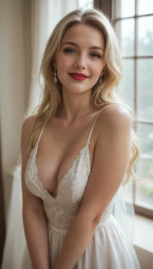 beautiful blonde swedish mature woman 60 years, white hair, looking at viewer, impressive details, Makeup, red lips, happy, smile, diaphanous, dress, In full growth, <lora:xl_diaphanous_dress-1.0:2>, chromatic, aberration, <lora:CAXL_001_4:.8>, <lora:ClothTurnXL_v1-000003:.8>