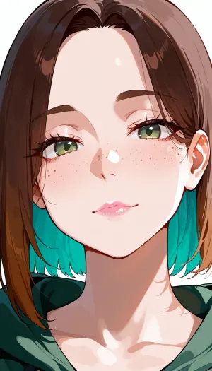 4ng3l, age 26, adult woman, face clearly visible, soft heart-shaped face, gently rounded cheeks with natural cheek fullness, softly rounded jawline, short rounded chin, moderate forehead height, subtle natural facial asymmetry, small-to-medium almond-shaped eyes, muted gray-green eyes with soft blue-gray undertones and a faint hazel ring near the pupil, normal iris size, slightly hooded eyelids, natural eye spacing, soft natural eyelashes, medium-brown eyebrows, straight natural nose with clearly defined bridge, natural width and softly rounded tip, soft natural pink lips with slightly fuller lower lip, relaxed closed-mouth expression, very fair neutral skin, irregular natural freckles across the bridge of the nose and upper cheeks, subtle natural cheek flush, fine visible skin texture, minimal makeup, dark neutral brunette shoulder-length hair, soft loose waves, slightly tousled natural texture, wispy uneven bangs, thin separated fringe strands falling naturally across the forehead, forehead partially visible between strands, soft face-framing pieces around the cheeks, natural individual flyaway hairs, understated portrait, natural facial proportions