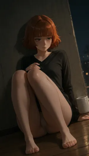 25 years old woman, pale skin, flat chest, short hair, messy hair, fluffy hair, (((straight blunt bangs))), copper hair, ((freckles)), wearing dark-gray tee shirt, crooked panties, thin beige panties, cameltoe, visible labia, (((sitting on the floor against the wall))), (((knees pulled to her chest))), knees together, (feet together), (((she looks slightly downwards))), tears, (head resting on knees), full body fits in frame, (mug stands on the floor), view from far away, solo, night time in a flat, soviet, very dim warm indirect lighting, dutch angle, negativeXL_D, <lora:MJ52:.8>, <lora:Picture_enhancer:.6>, <lora:NaturalBodyV2.0:.8>, <lora:Pussy_pants_nohands_D03_realvizXL2_bucket_01-000010:1.3>, <lora:dark:.8>