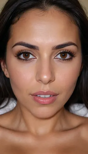 30 YEAR OLD PERSIAN BIMBO SLUT, VERY EXTREMELY EXTREMELY CLOSE UP, FACE & BREASTS DIRECTLY IN VIEWERS FACE, FACE TO FACE, DIRECTLY IN FRONT OF VIEWER, BIG BOOBS, VERY CLOSE UP, BENDING FORWARD, DARK TANNED FACE, VERY TANNED SKIN, NO SHADOWS, LONG NATURAL BLACK HAIR, BROWN EYES, BIG BIMBO LIPS, SMILING, SLUT, IN DARK BEDROOM, WOMAN DIRECTLY IN FRONT OF VIEWER UP CLOSE, NUKED, PERFECT FACE, LUSTFUL APPEARANCE